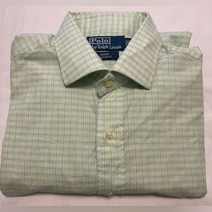 Men’s Polo by Ralph Lauren Regent Custom Fit Light Green Plaid Shirt 16.5 32/33